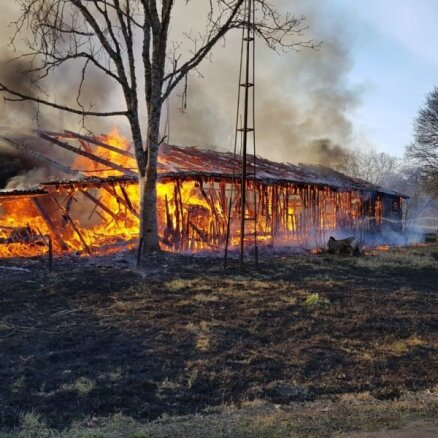 ВИДЕО: пожар под Кулдигой уничтожил тракторный ангар