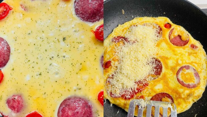 Brokastu sainītis ar omleti, salami un tomātiem