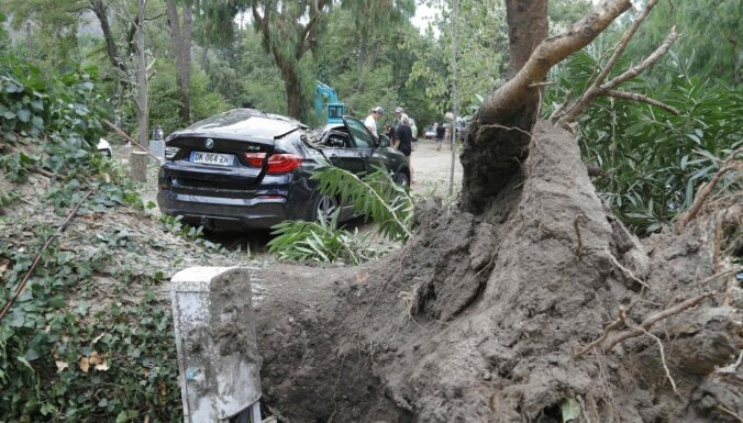 разрушенный автомобиль упавшее дерево шторм ураган Корсика Франция