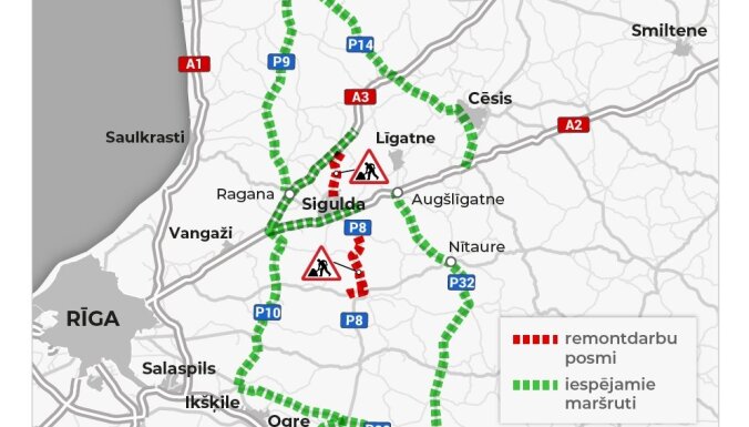 Brīdina par ceļa remontdarbiem starp Valmieras šoseju, Turaidu un Siguldu