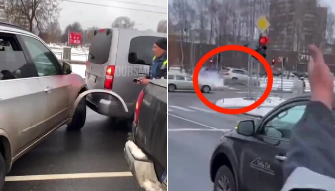 ВИДЕО: В Плявниеках BMW X5 попал в аварию, попытался уехать и протаранил грузовик