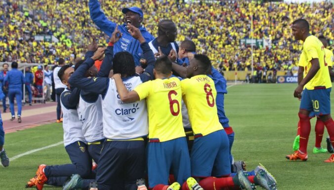 Ecuador s footballers celebrate goal against Uruguay