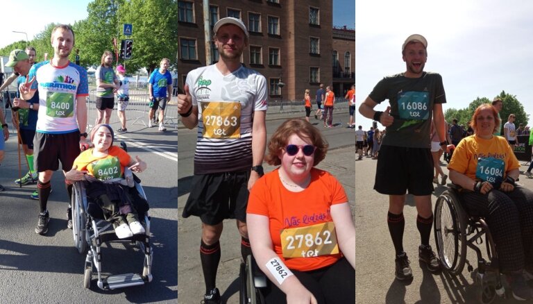 Iedvesmojošs jaunietis, stumjot cilvēkus ratiņkrēslā, Rīgas maratonā noskrien trīs distances
